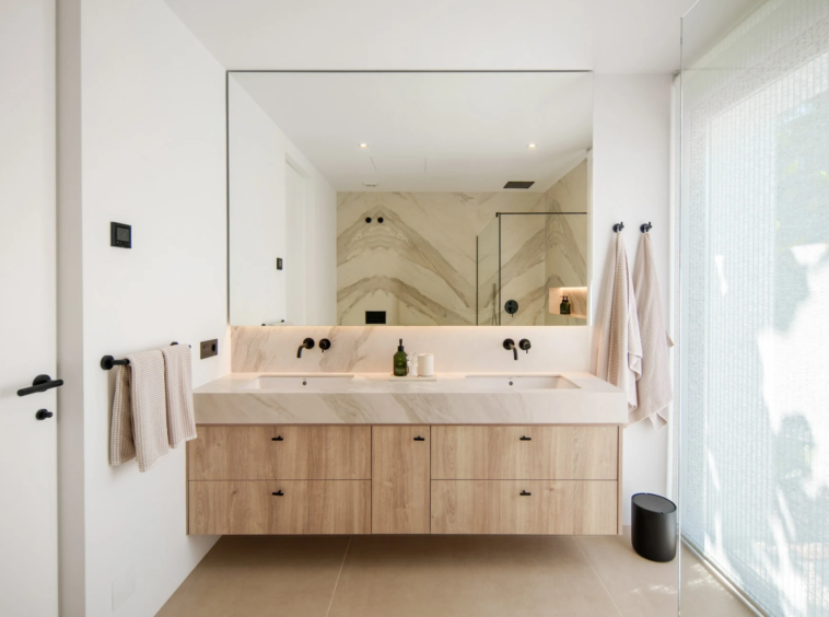 Bathroom with timber vanity and walk-in shower