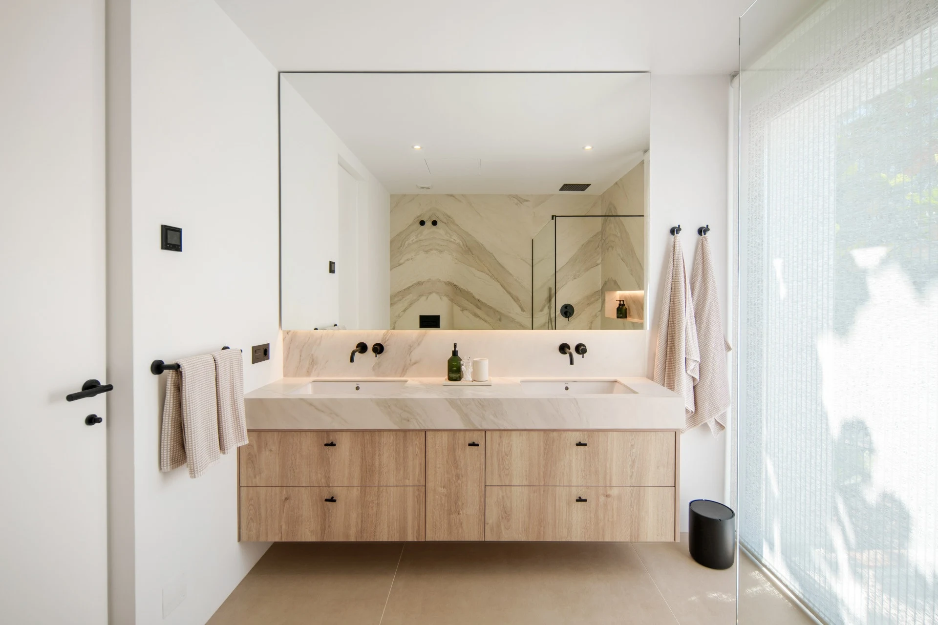 Bathroom with timber vanity and walk-in shower