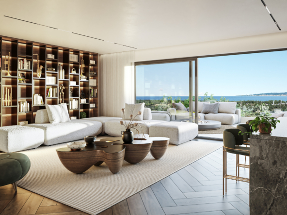 Representative illustrated living area opening onto a terrace