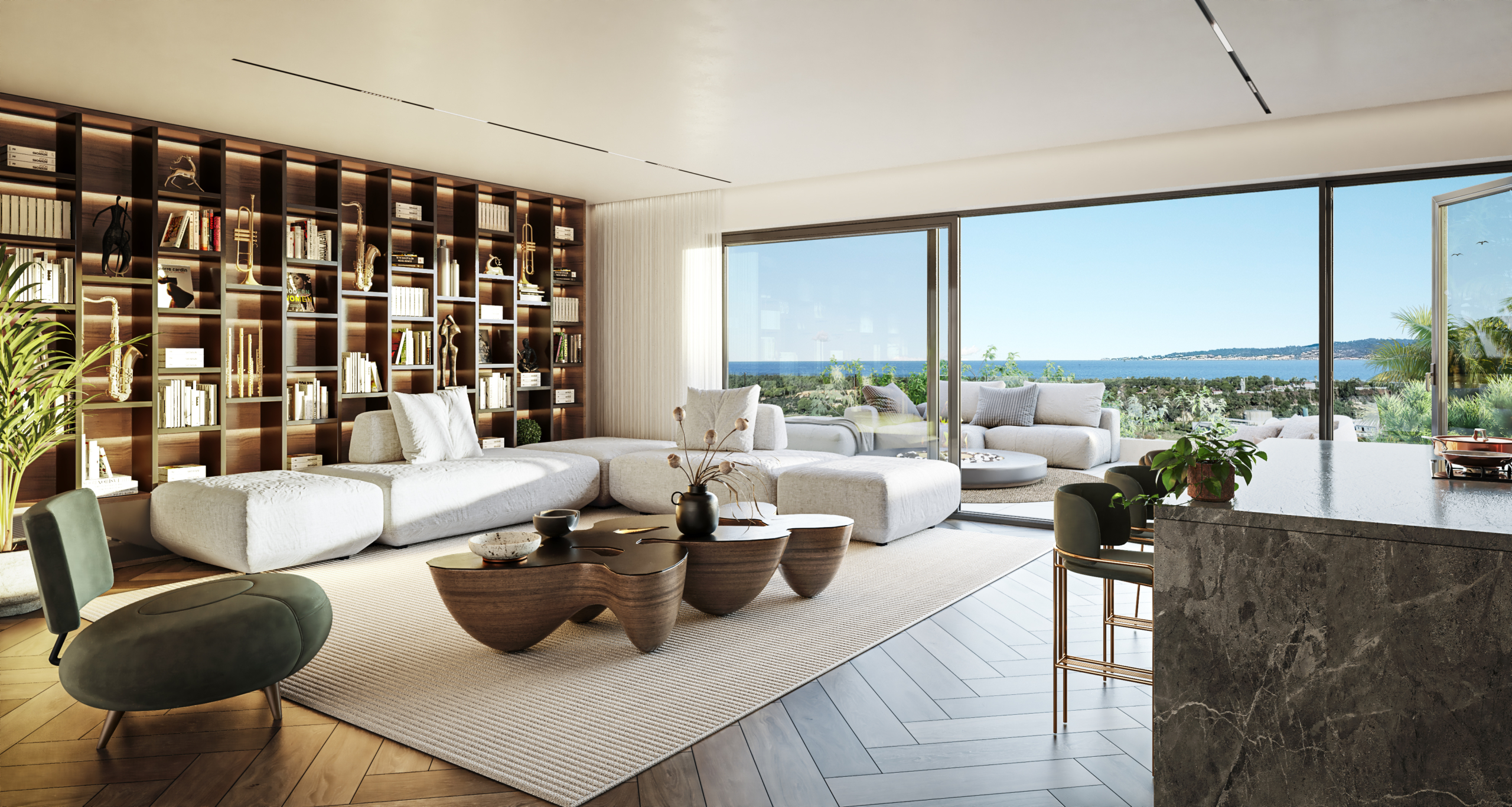 Representative illustrated living area opening onto a terrace