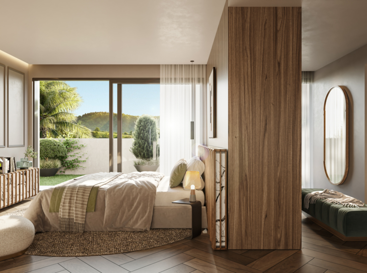 Illustration of a bedroom with a garden outlook