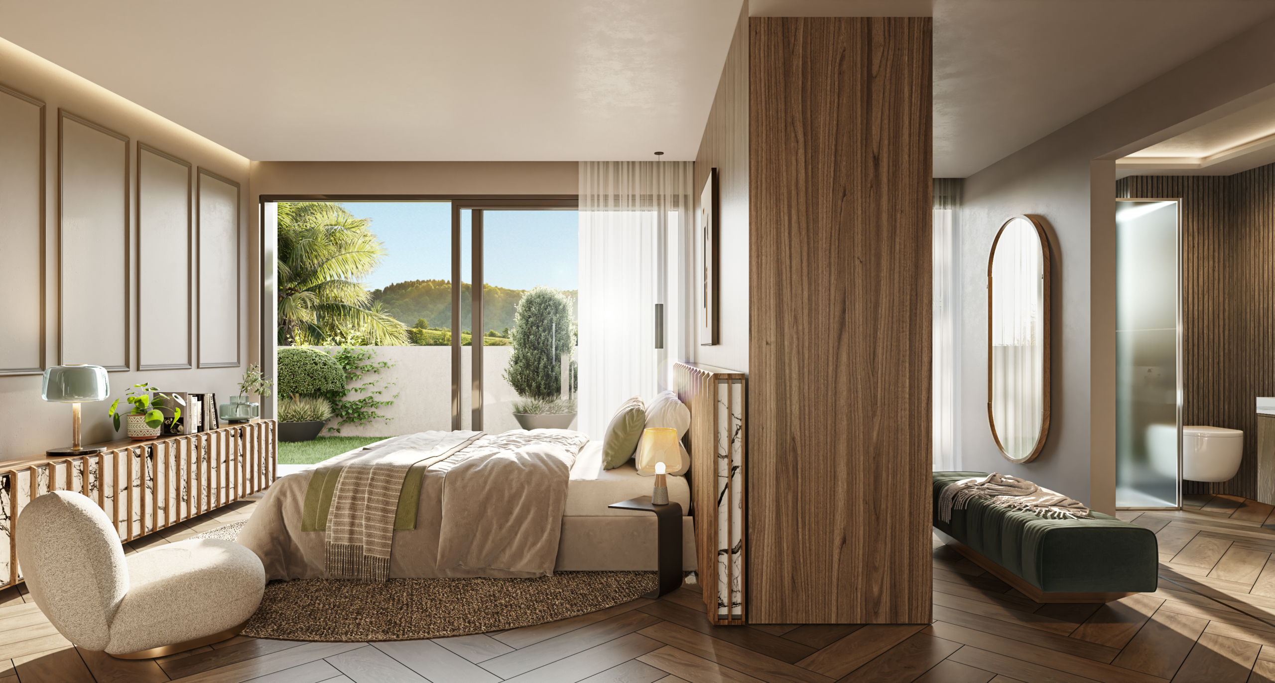 Illustration of a bedroom with a garden outlook