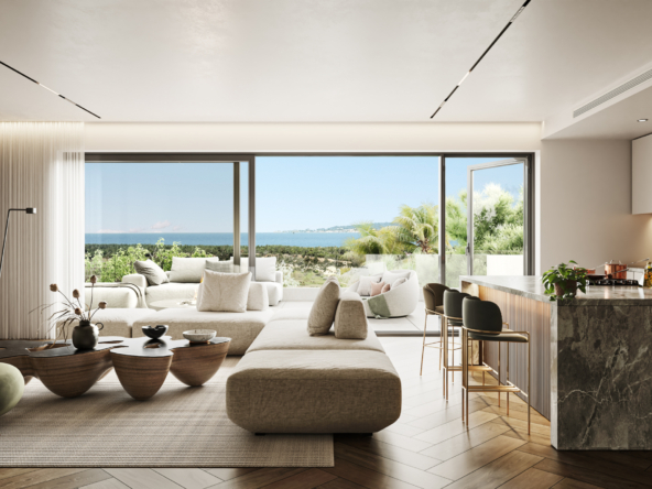 Illustrated open-plan living room and kitchen