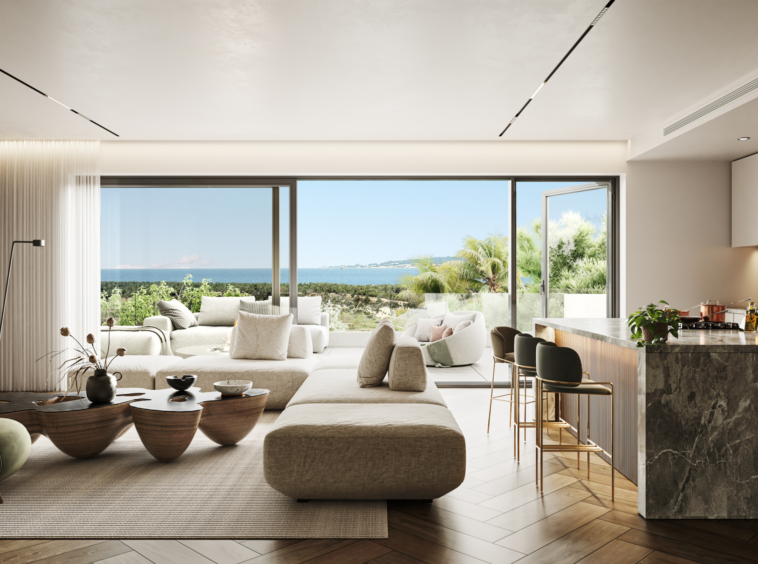 Illustrated open-plan living room and kitchen