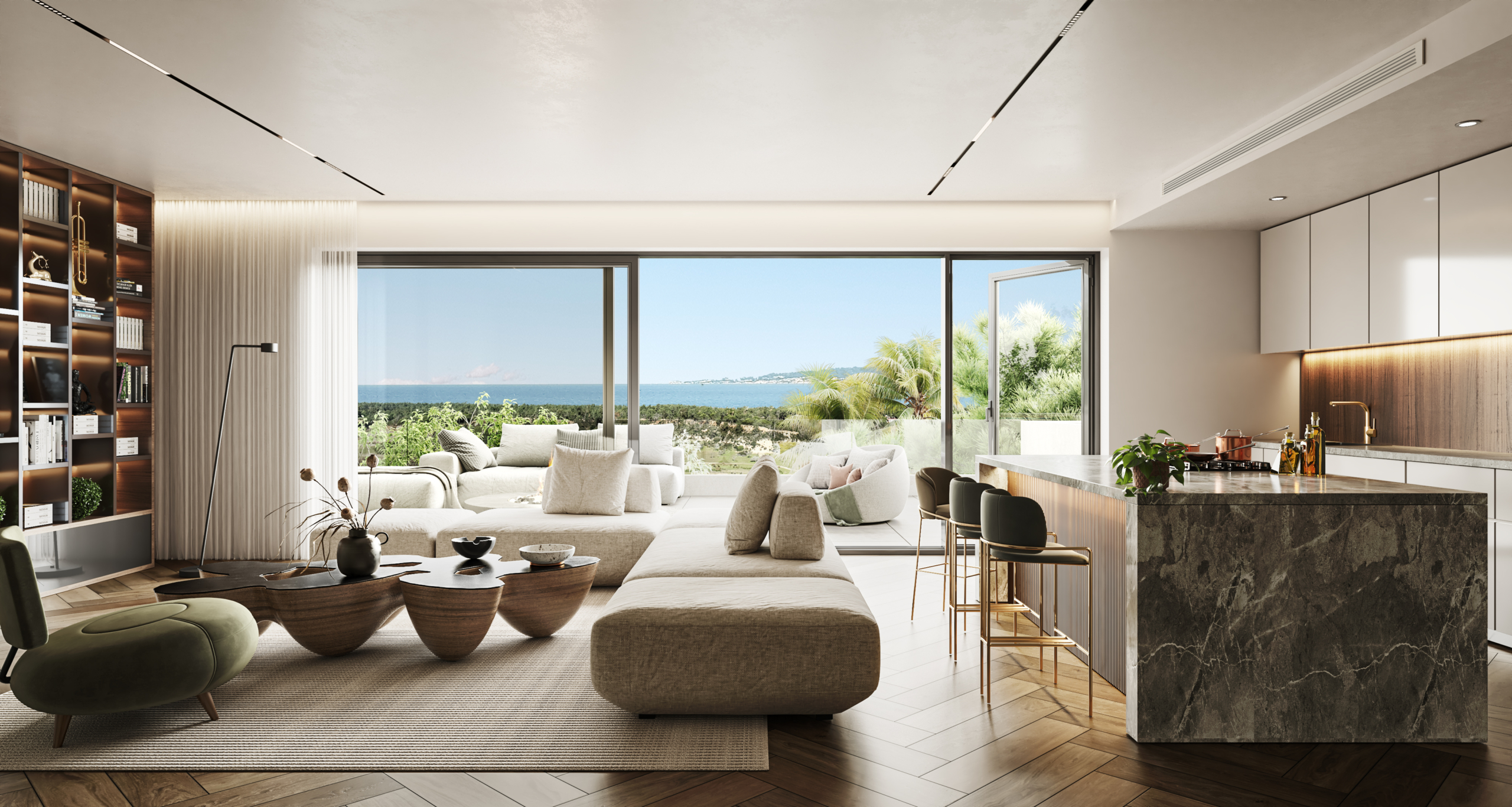 Illustrated open-plan living room and kitchen