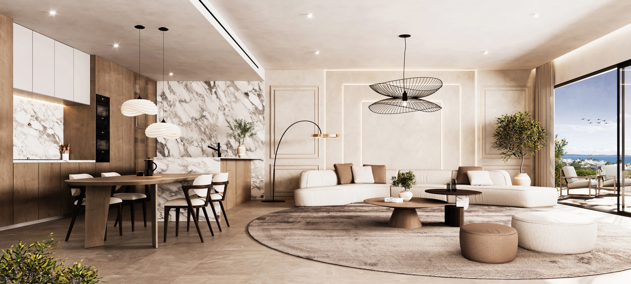Representative open-plan living room visualisation
