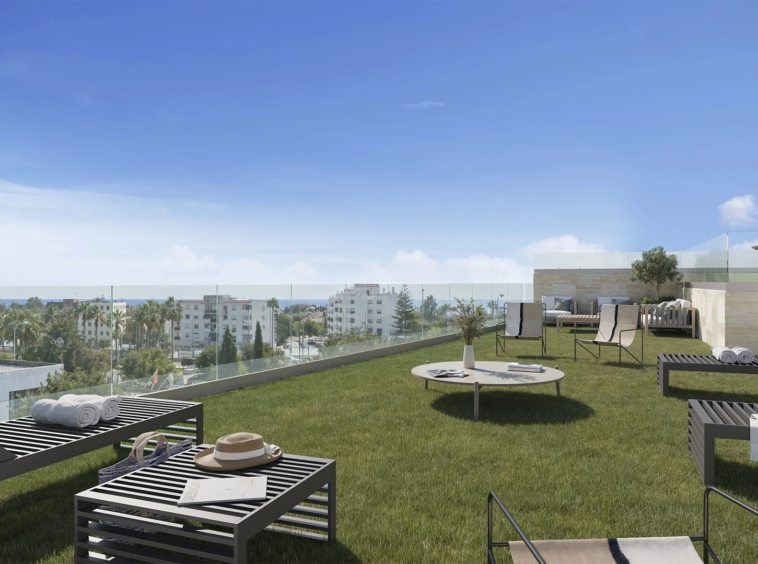 Illustrative communal pool and sun terrace in San Pedro de Alcantara