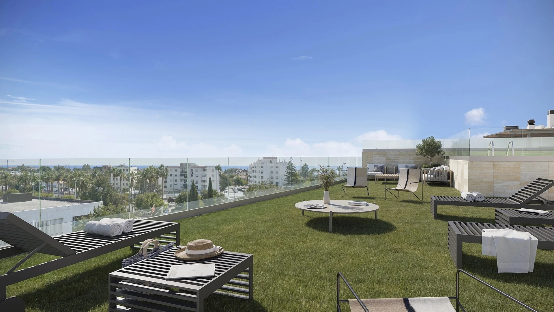 Illustrative communal pool and sun terrace in San Pedro de Alcantara