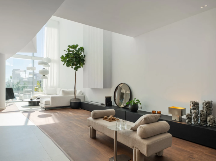 Light-filled lounge and fireplace