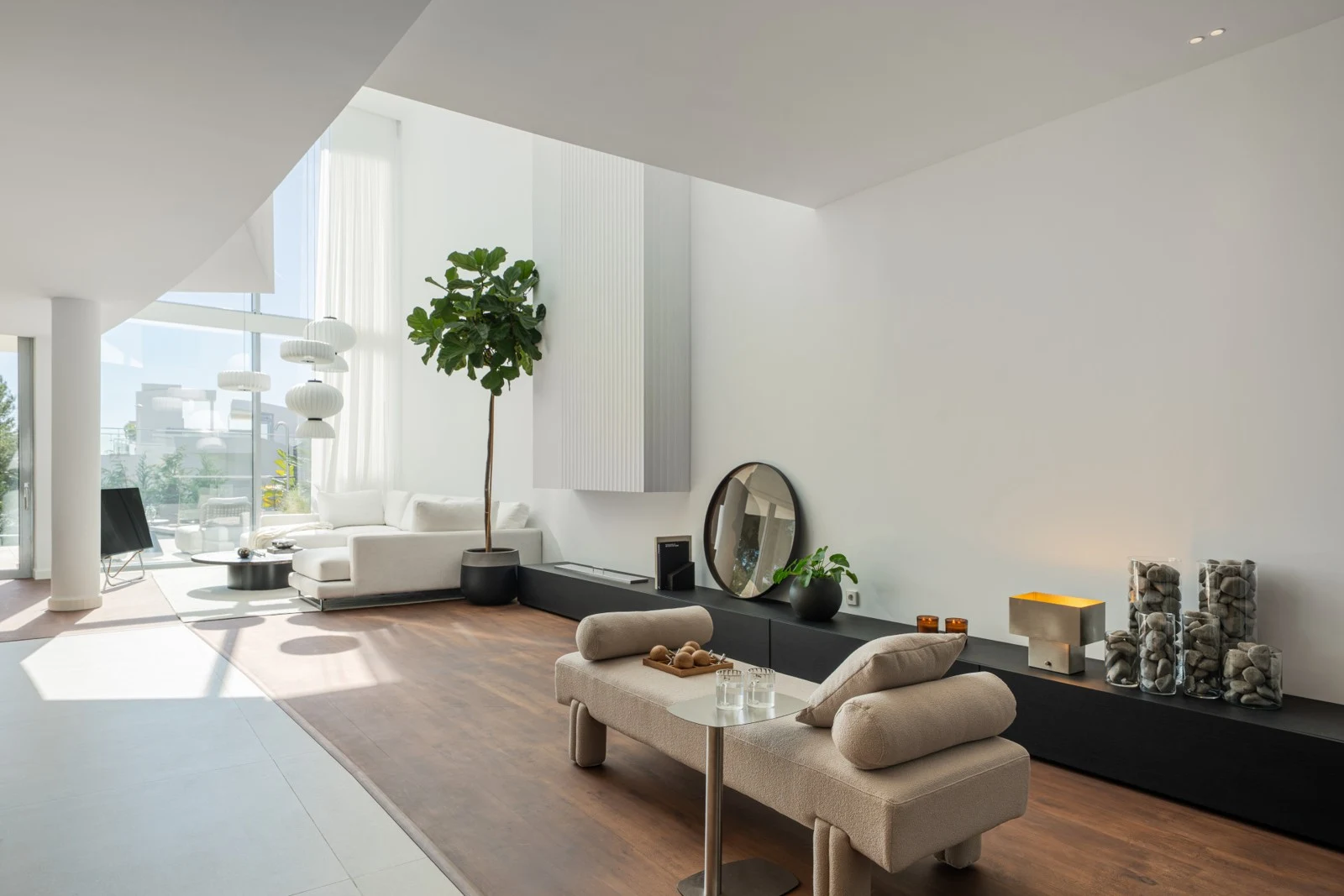 Light-filled lounge and fireplace