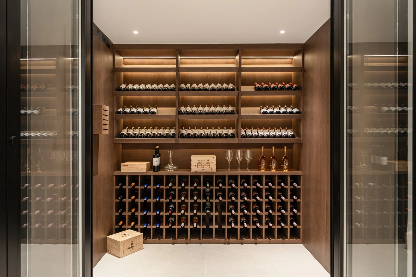 Wine cellar with illuminated storage
