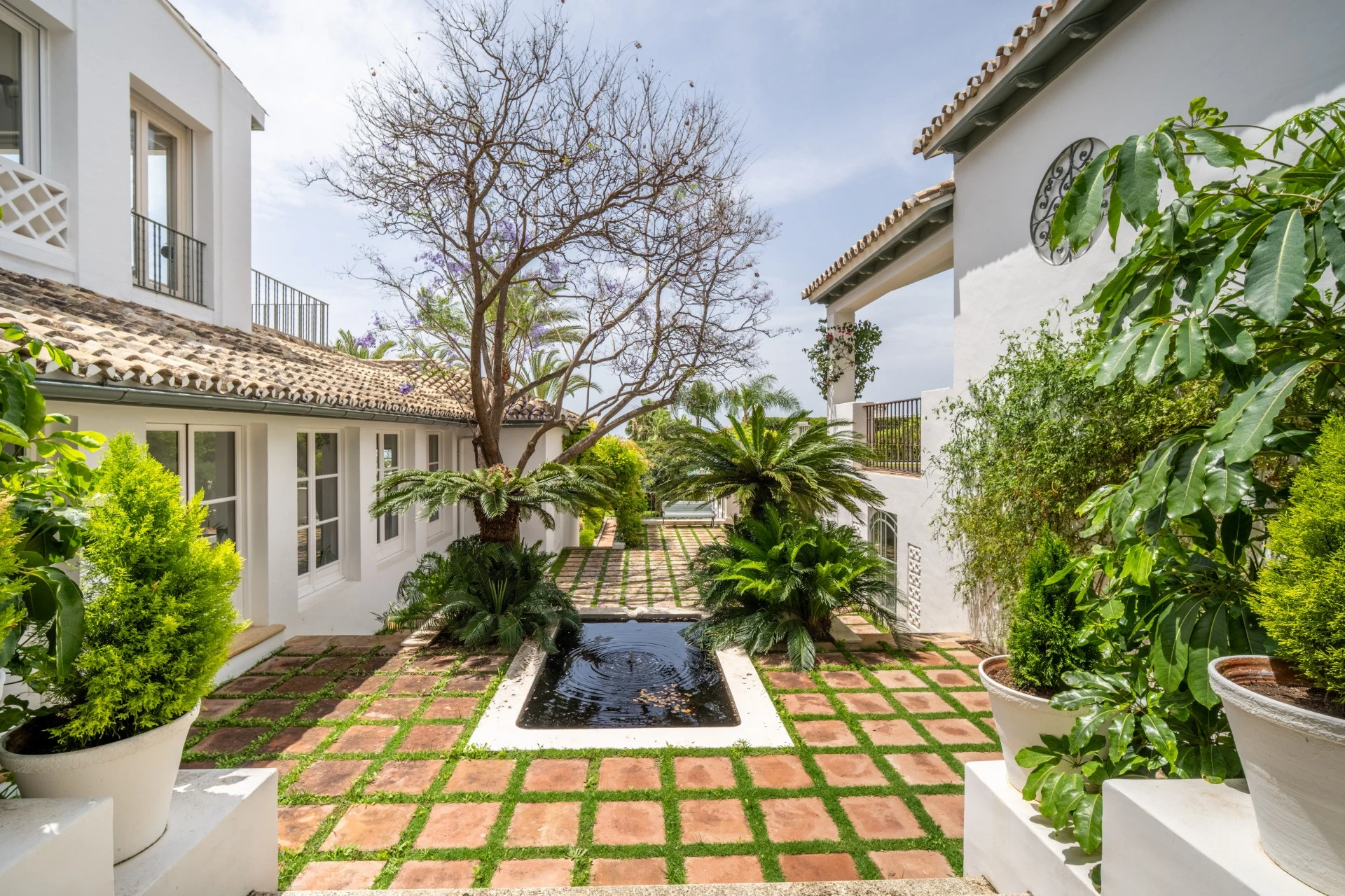 Landscaped courtyard with a central water feature