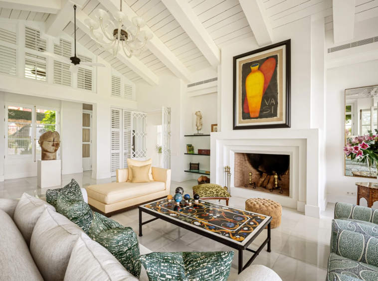 Fireplace and seating in the main living room