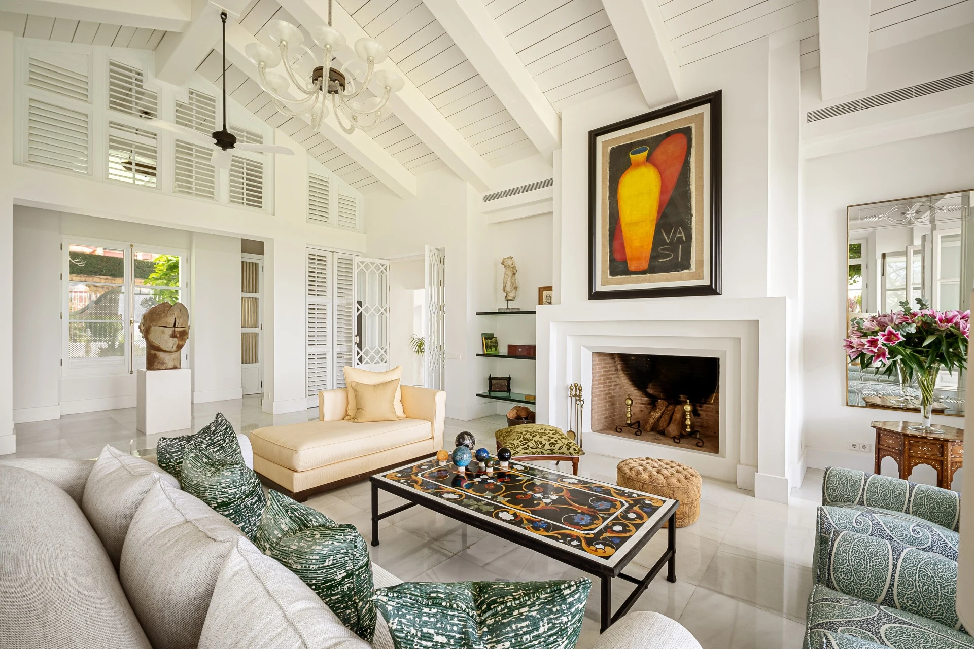 Fireplace and seating in the main living room