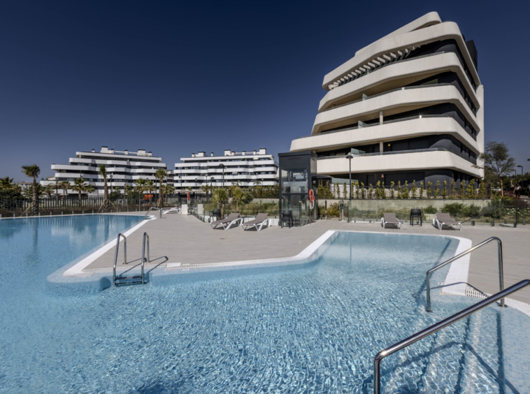Shared swimming pools and landscaped grounds
