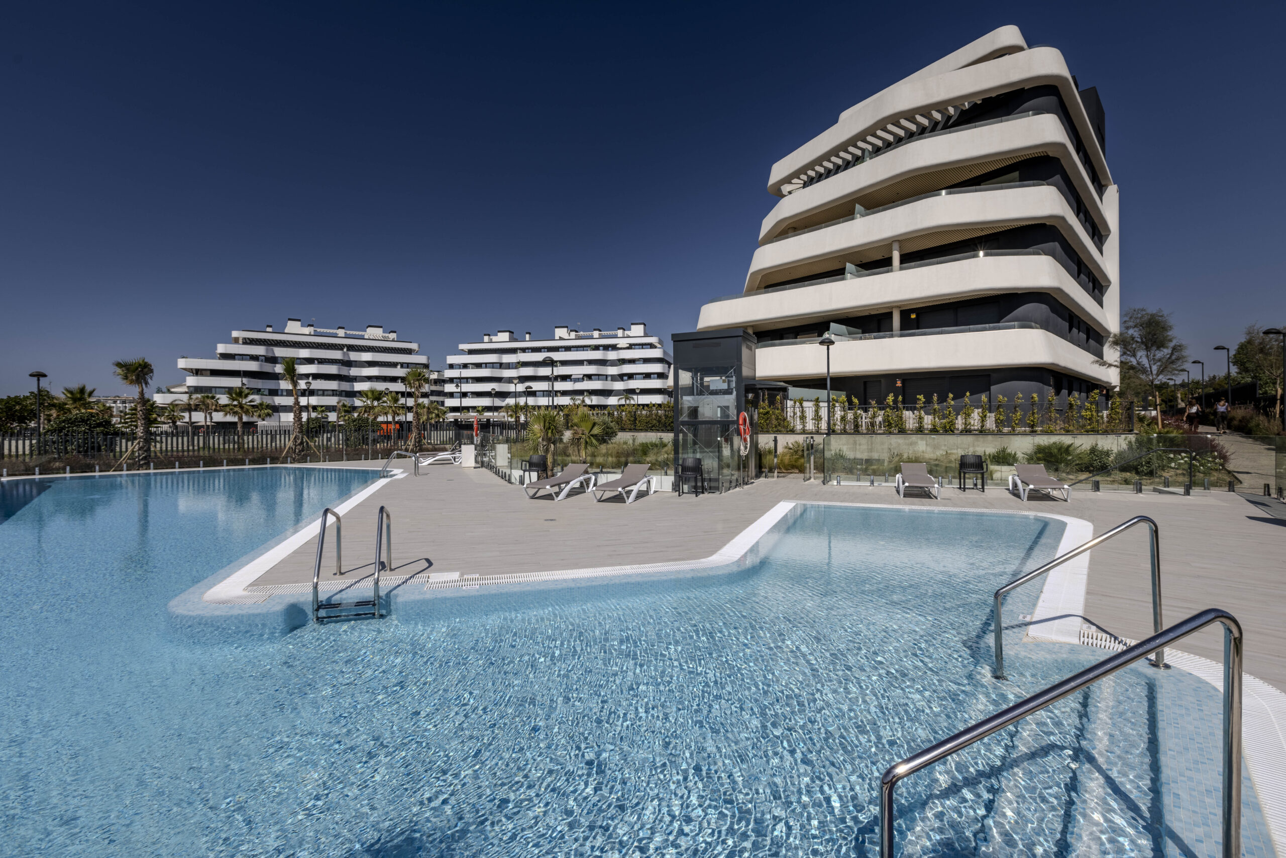 Shared swimming pools and landscaped grounds