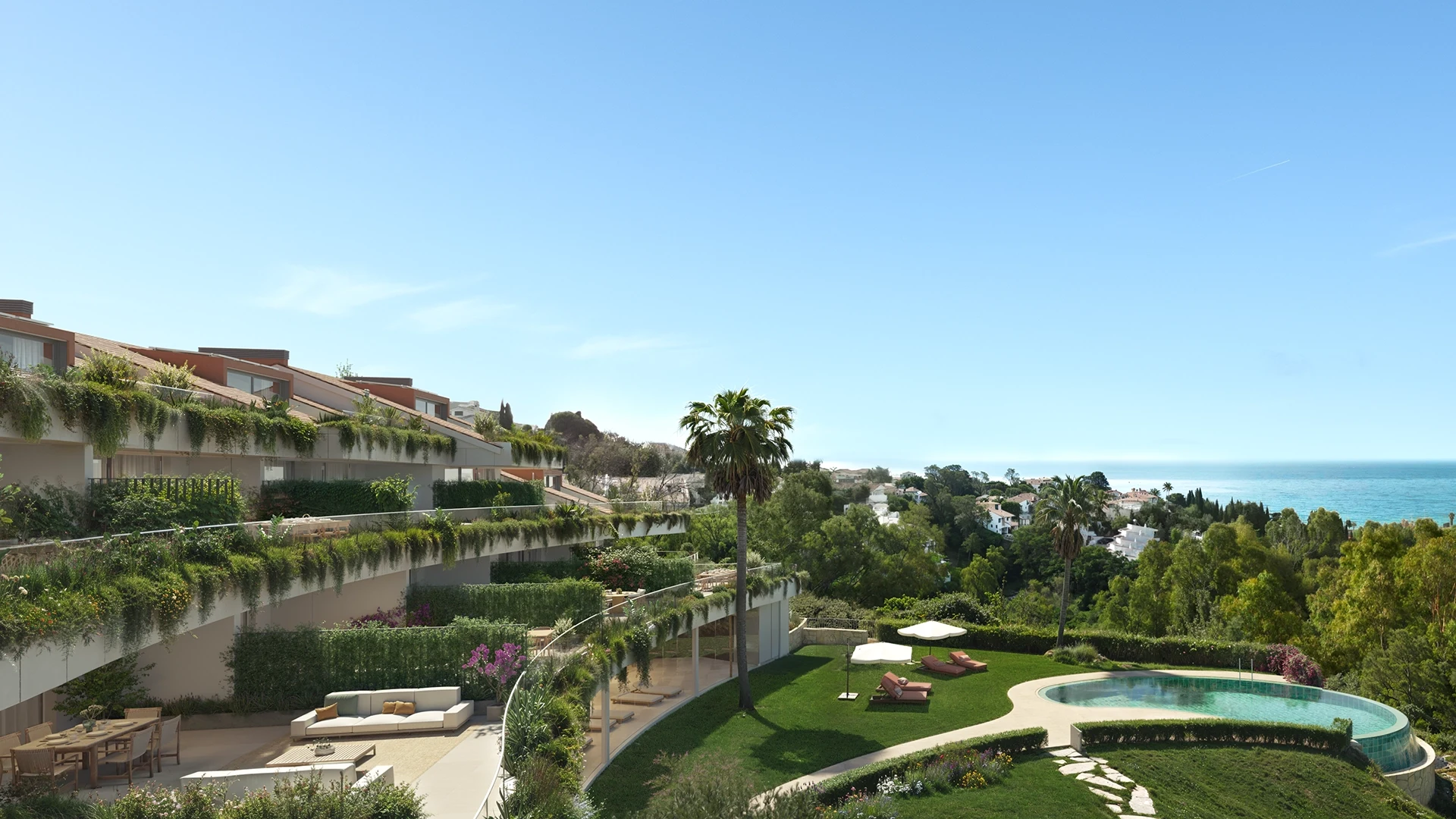 Illustrative communal gardens and outdoor pool in Torremuelle, Benalmadena