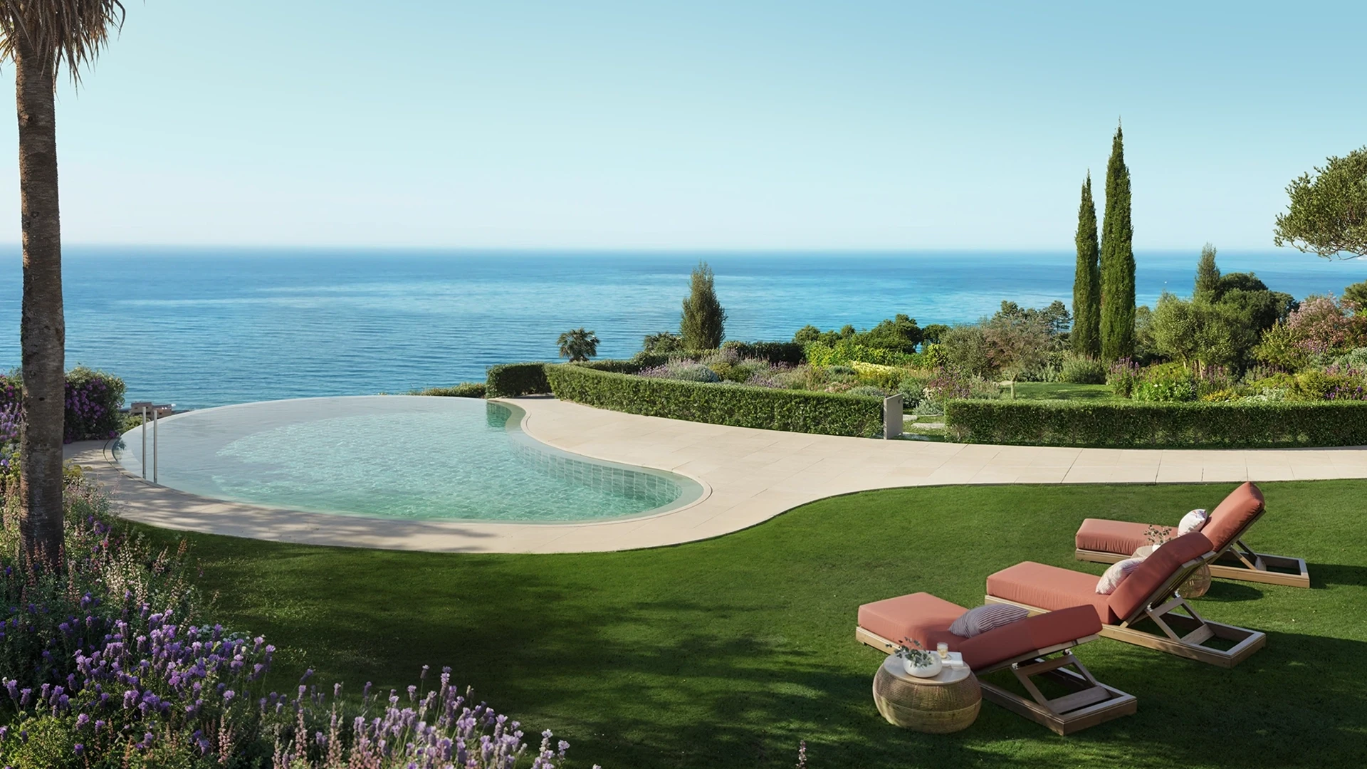 Illustrative communal outdoor pool overlooking the coast in Benalmadena
