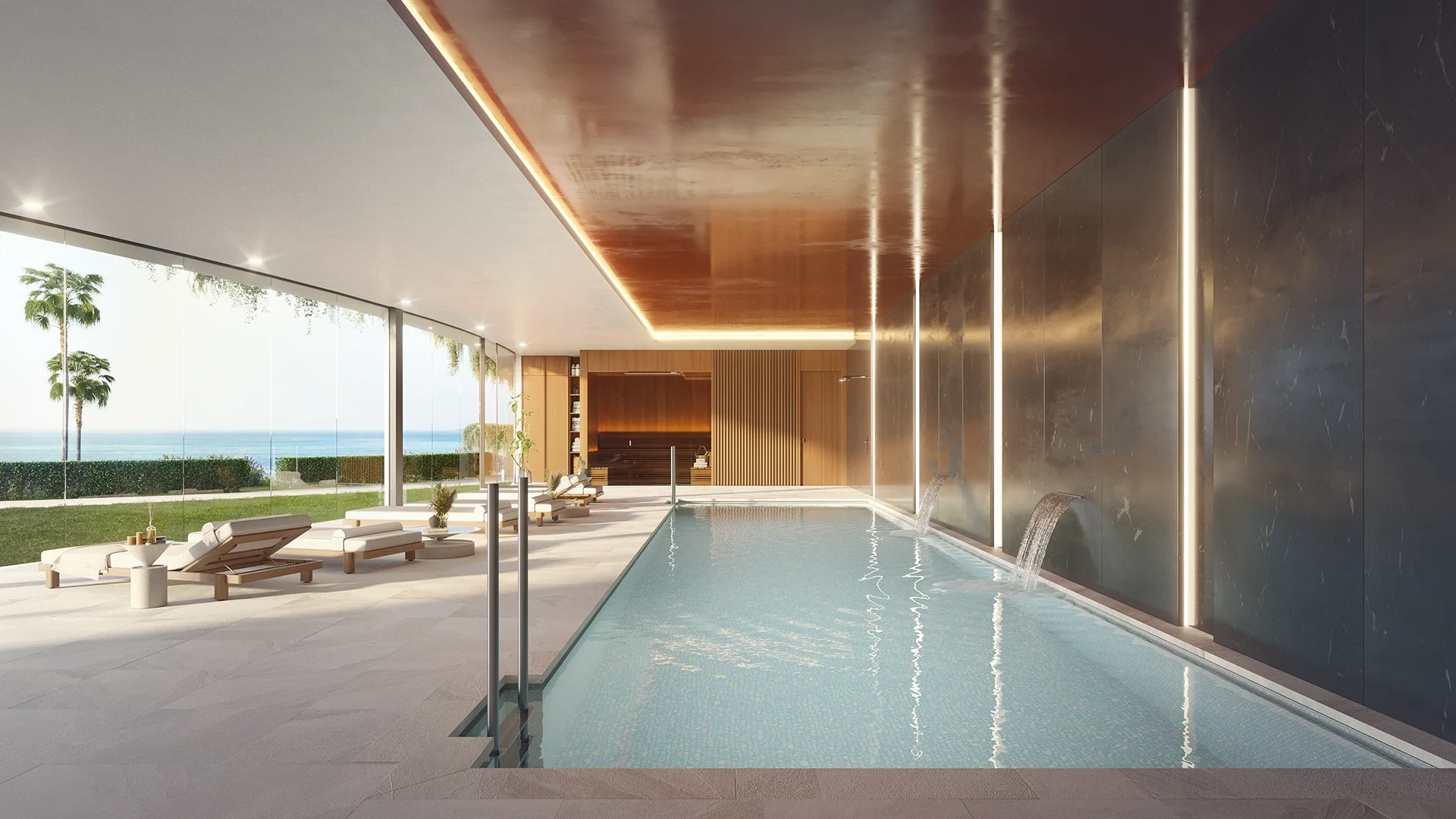Illustrative shared indoor pool and wellness area in Torremuelle