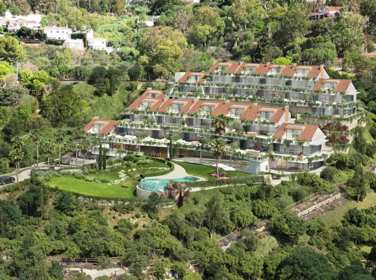 Illustrative aerial view of residences and gardens in Torremuelle