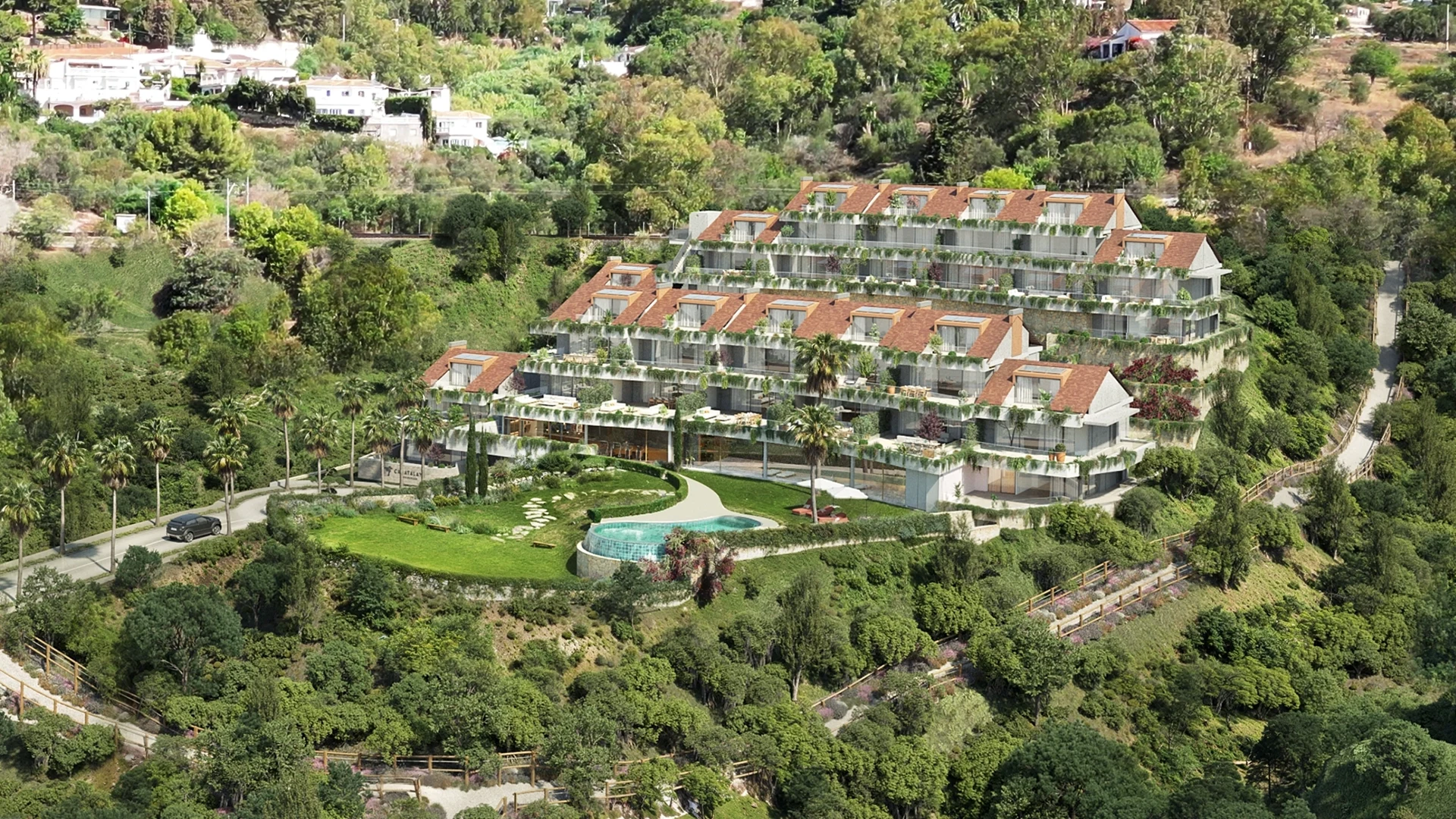 Illustrative aerial view of residences and gardens in Torremuelle