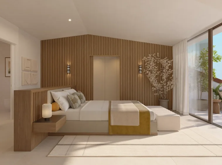 Illustrative upper-level bedroom with terrace access in a duplex penthouse