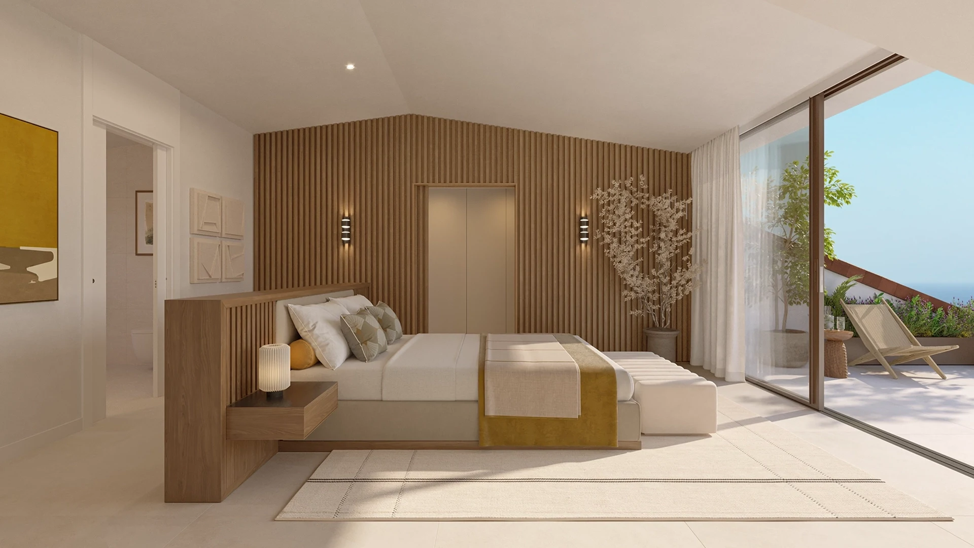 Illustrative upper-level bedroom with terrace access in a duplex penthouse