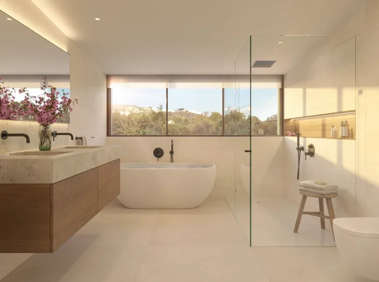 Illustrative bathroom with bathtub and shower in a duplex penthouse