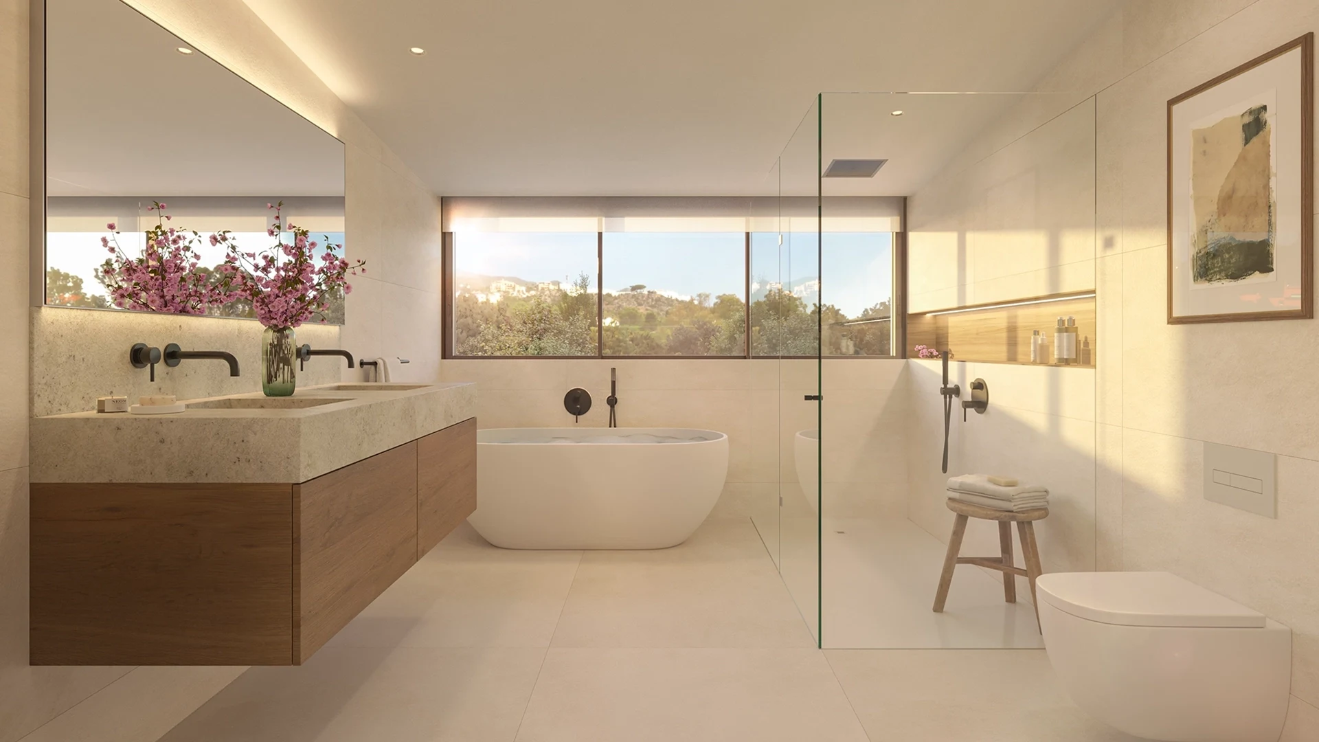 Illustrative bathroom with bathtub and shower in a duplex penthouse