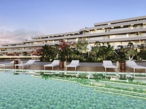 Illustrative communal swimming pool and contemporary apartments in Torrenueva