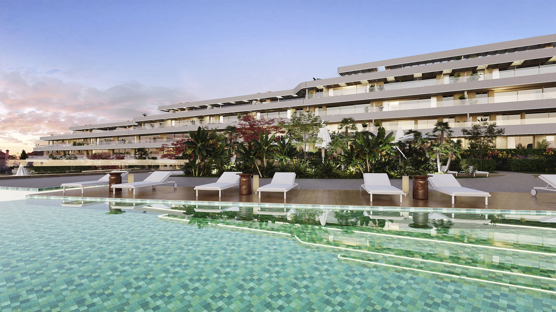 Illustrative communal swimming pool and contemporary apartments in Torrenueva