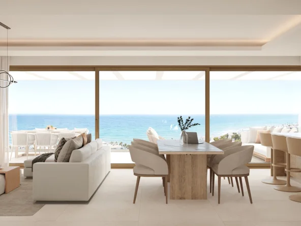 Illustrative open-plan living and dining area with sea views
