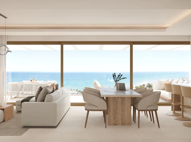 Illustrative open-plan living and dining area with sea views