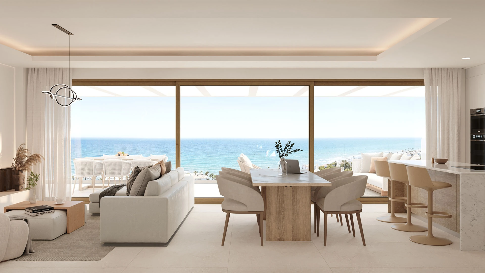 Illustrative open-plan living and dining area with sea views