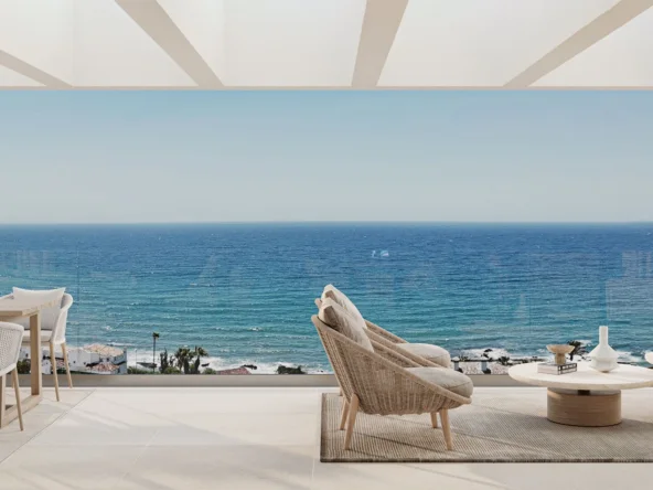 Illustrative sea-view terrace with outdoor seating