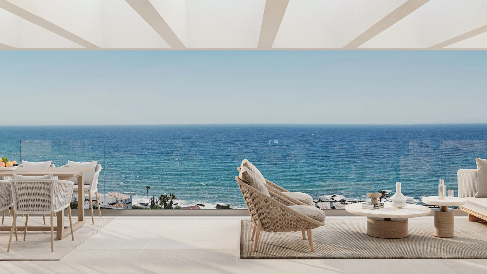 Illustrative sea-view terrace with outdoor seating
