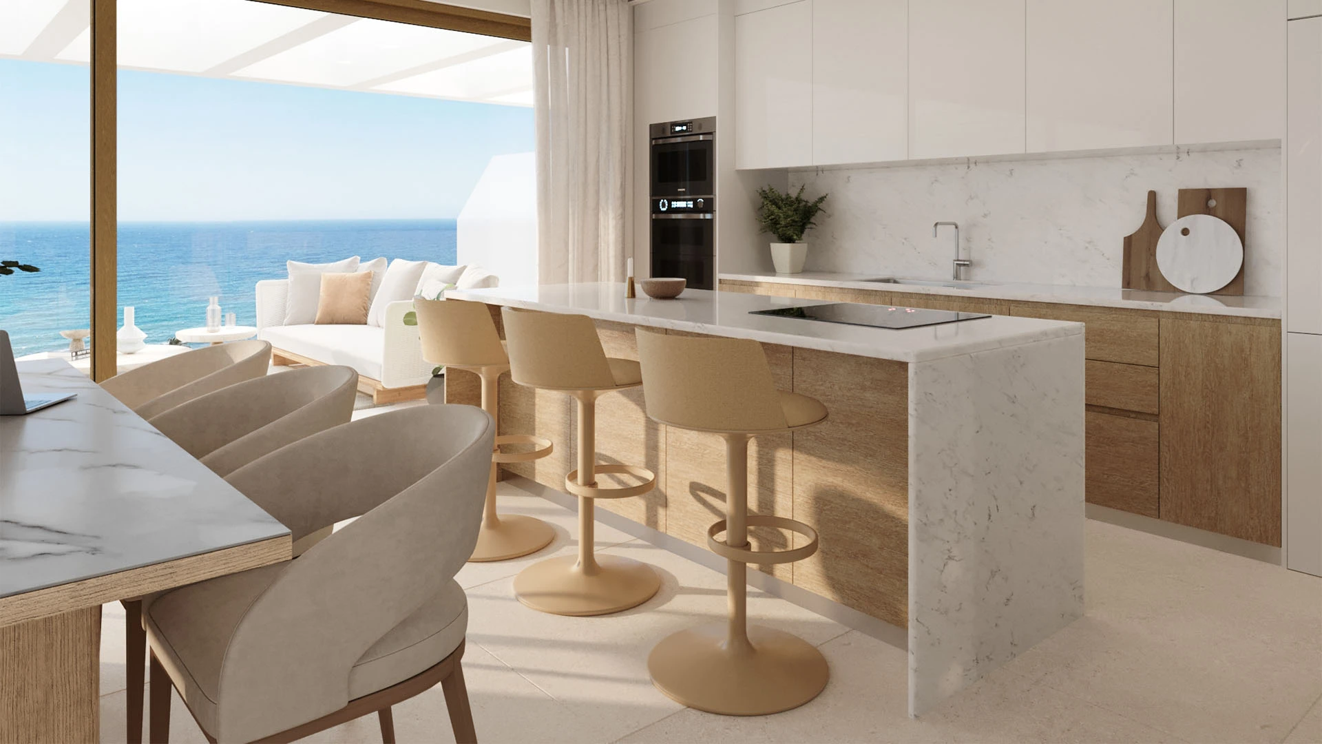 Illustrative fitted kitchen and open-plan living space