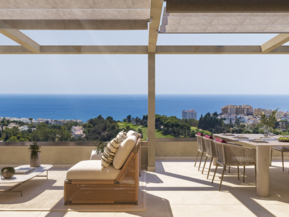 Illustrated penthouse terrace with outdoor dining and seating