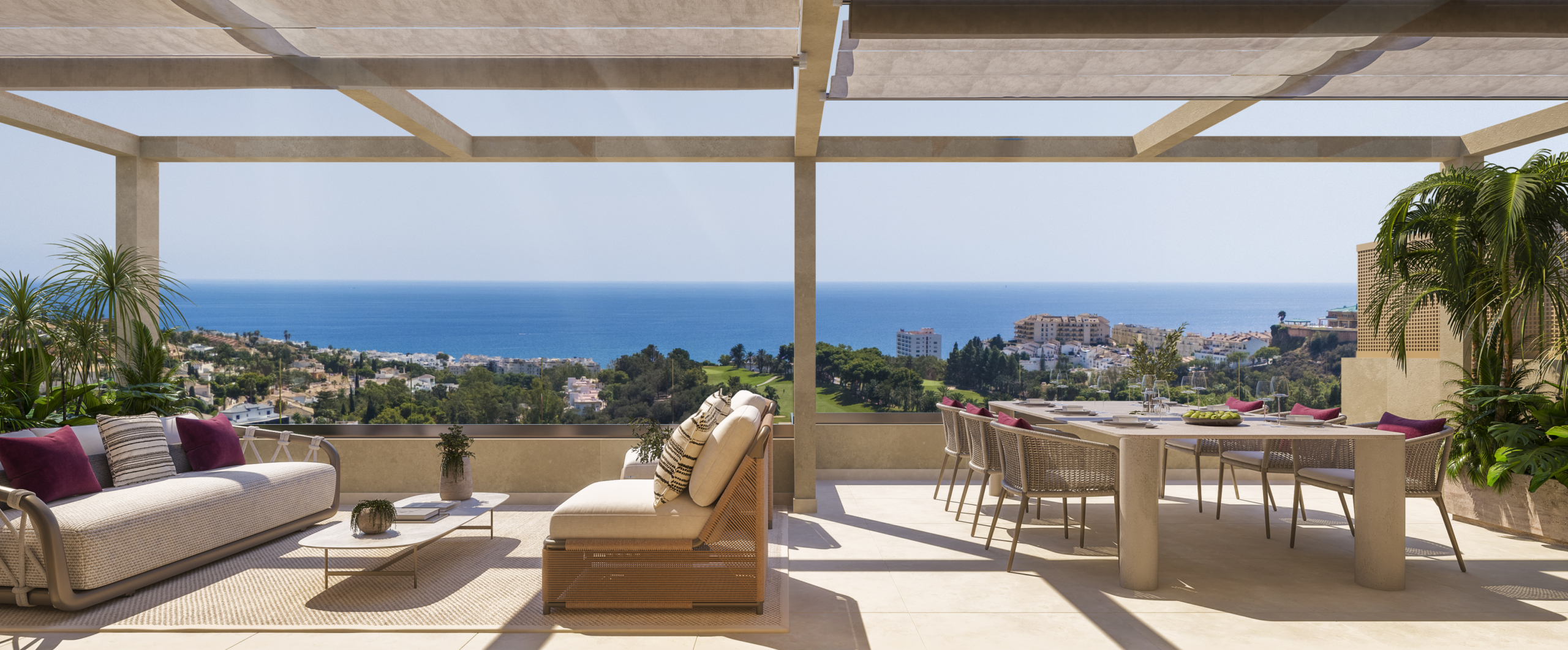 Illustrated penthouse terrace with outdoor dining and seating