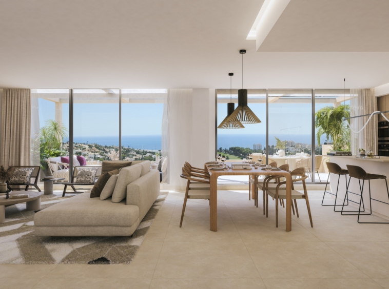 Illustrated open-plan penthouse living room and fitted kitchen