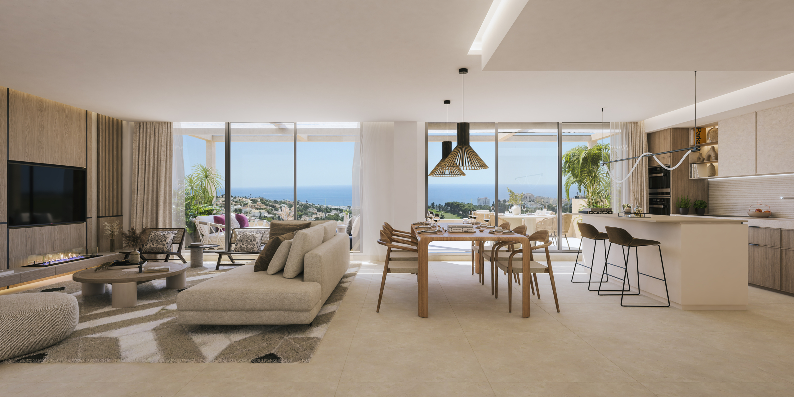 Illustrated open-plan penthouse living room and fitted kitchen