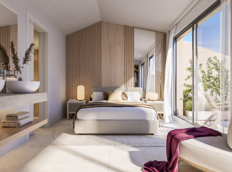 Illustrated penthouse main bedroom with an en-suite bathroom