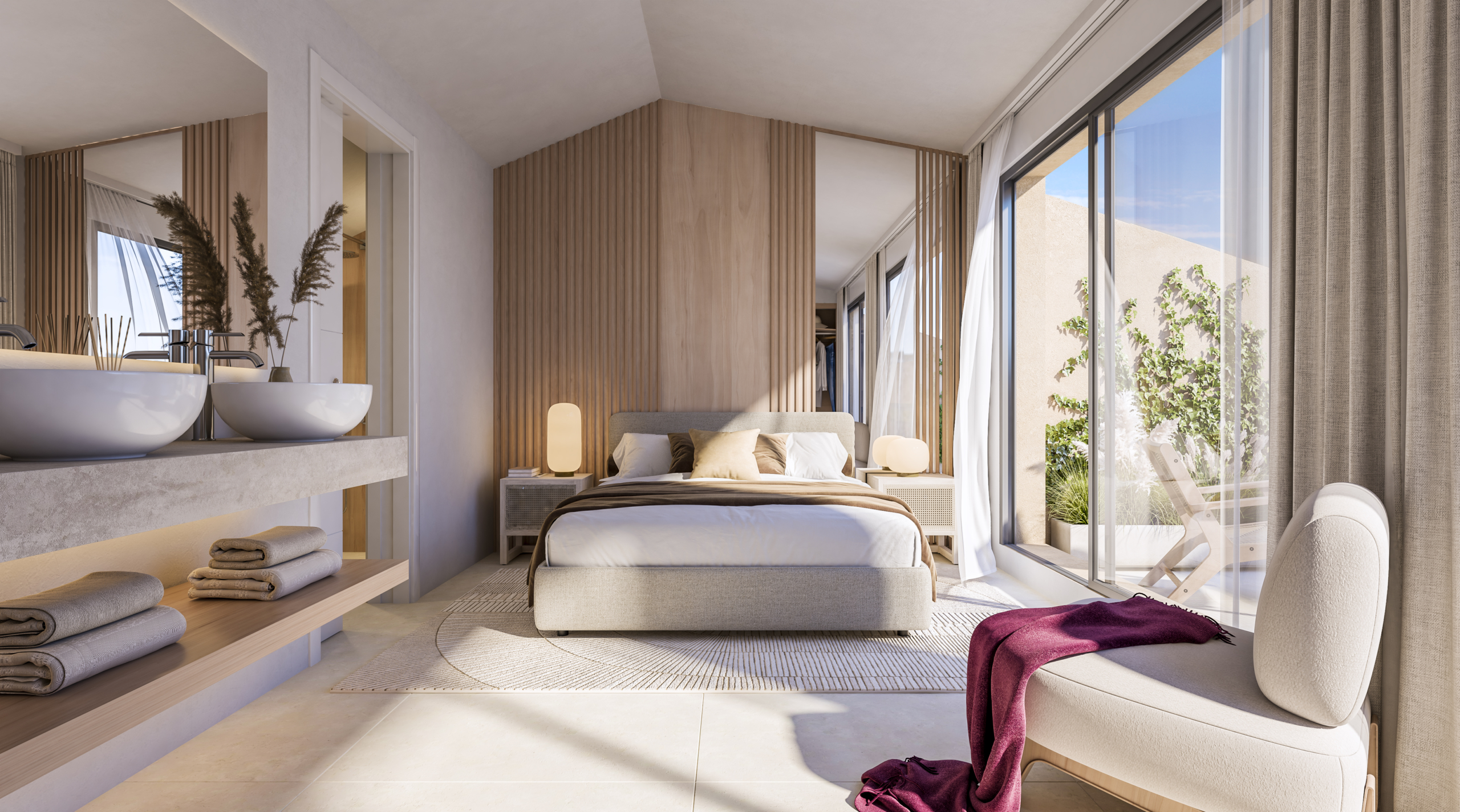 Illustrated penthouse main bedroom with an en-suite bathroom
